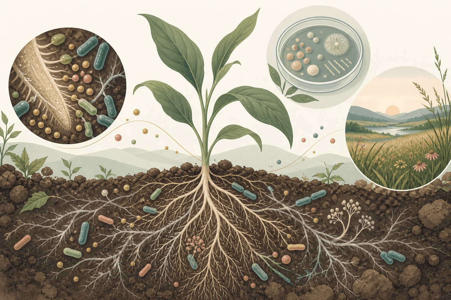 AI主题示意图:植物根系、菌丝与细菌的土壤互作,以及培养和生态恢复主题