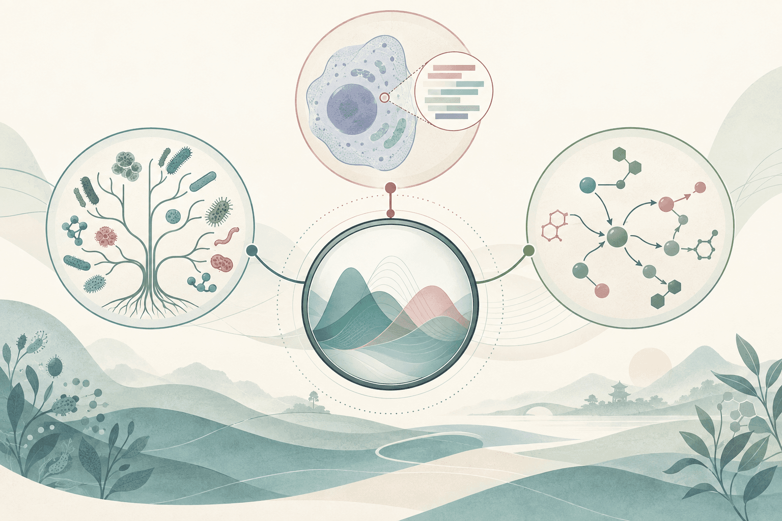 AI主题示意图:微生物群落、单细胞表达特征与代谢网络三个分析主题