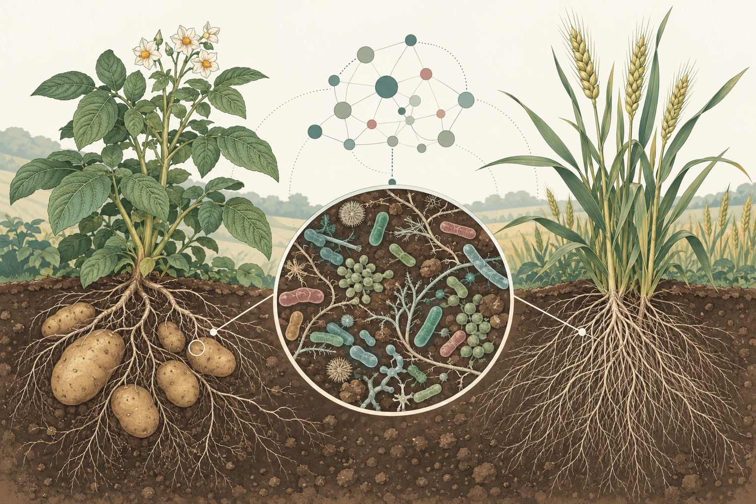 AI主题示意图:马铃薯与小麦根际的微生物群落,连接抽象的预测网络