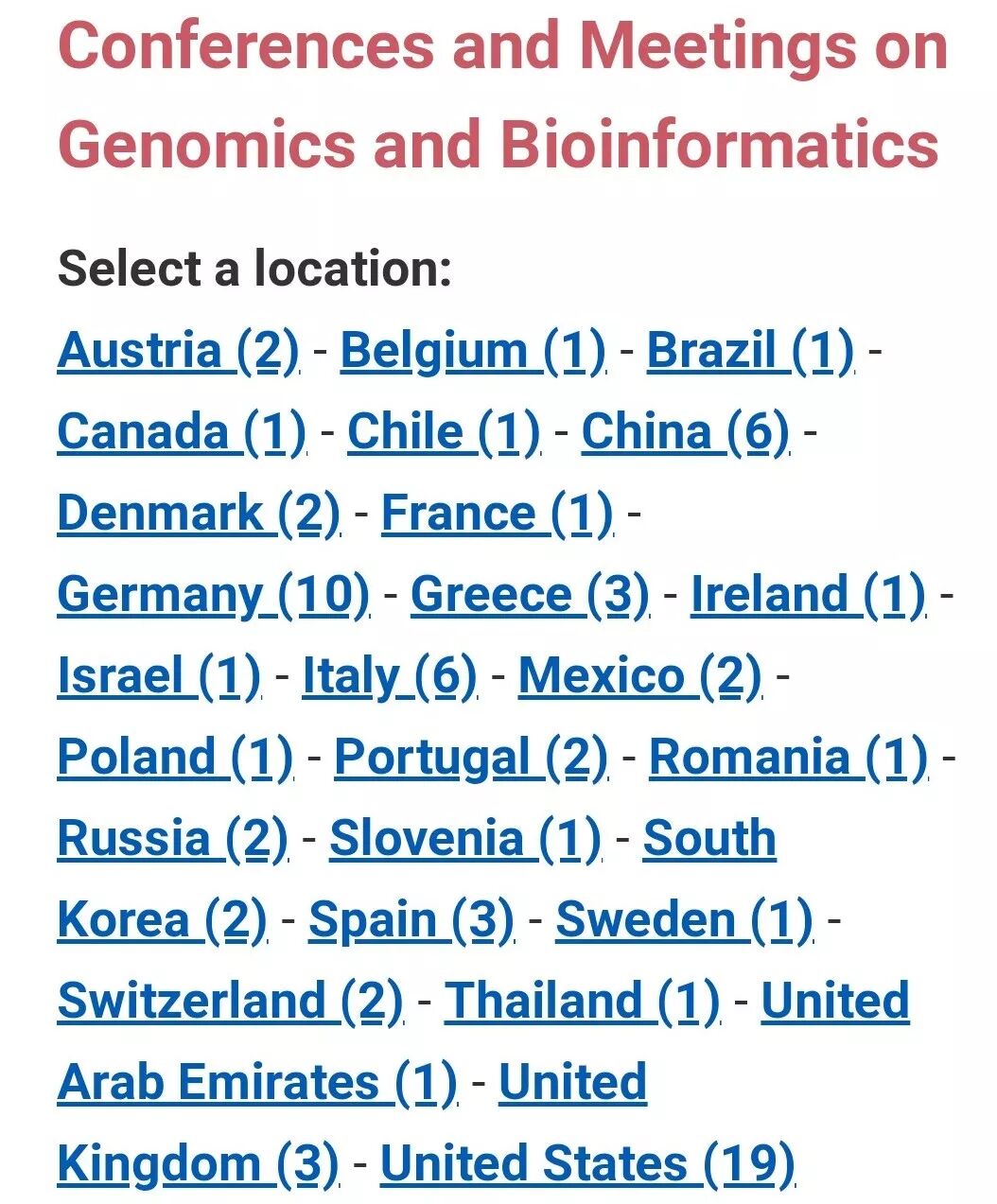 2019年基因组学与生物信息学会议按举办国家排列的原始清单